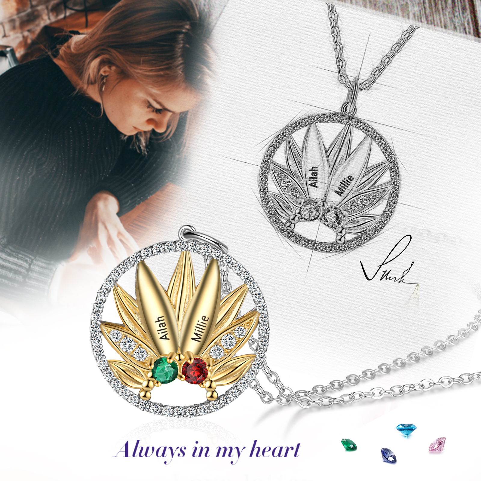 Personalised Sunflower Necklace With 2 Birthstones Engraved Names Necklace Gift For Women-Jessemade AU