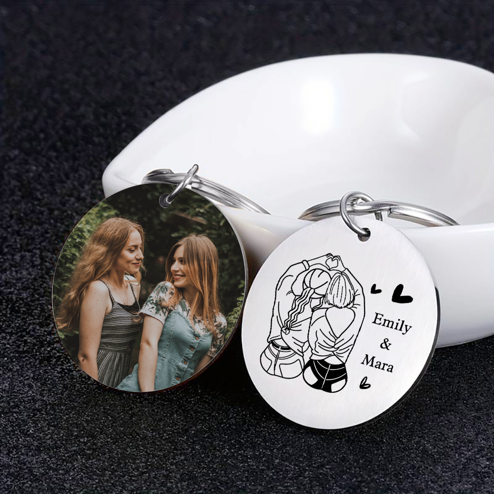 Personalised Photo Keychain Custom 2 Names Circle Keyring Metal Keychain Gift For Sisters/Besties/Friends-Jessemade AU