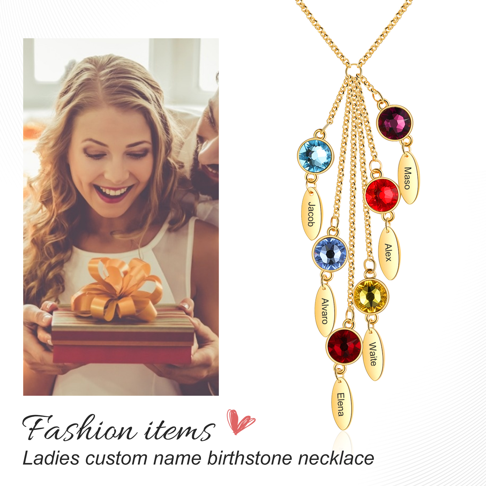 Personalised Bar Necklace With 6 Birthstones Engraved Names Necklace Best Gift For Mother-Jessemade AU