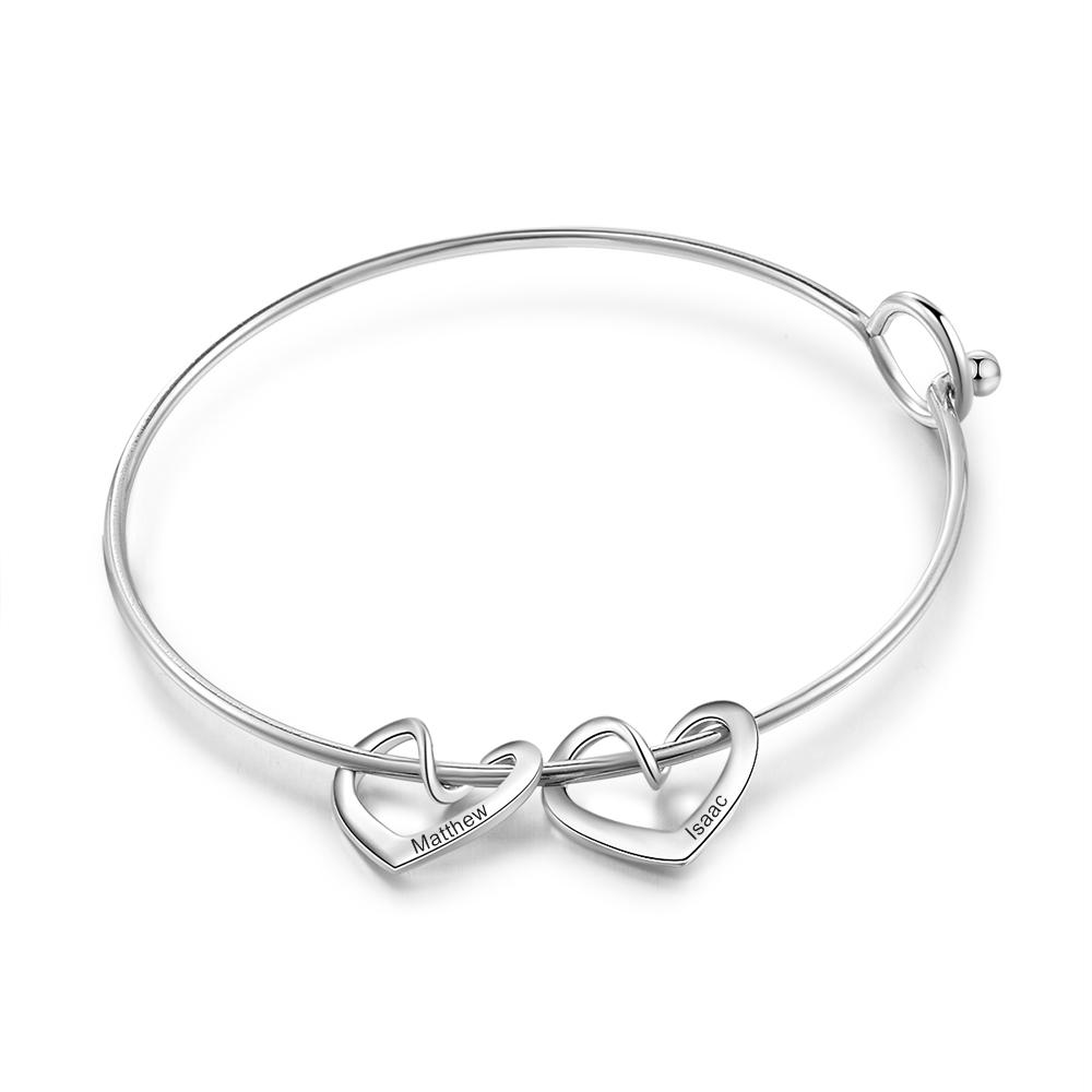 Personalised Love Bracelet with 2 Heart Charms Engraved Name Bangle Bracelet-Jessemade AU