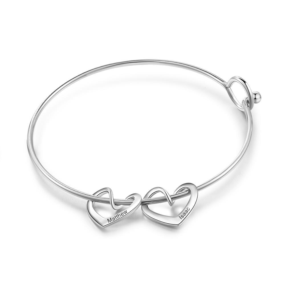 Personalised Love Bracelet with 2 Heart Charms Engraved Name Bangle Bracelet-Jessemade AU