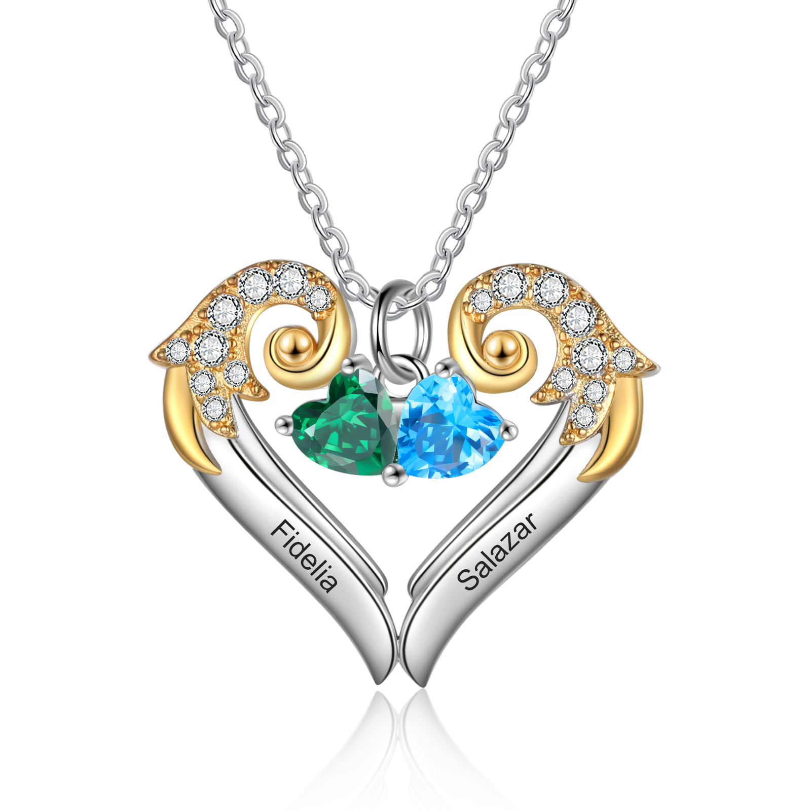 Personalised Heart Wings Necklace With 2 Birthstones Engraved Names Best Gift For Her-Jessemade AU