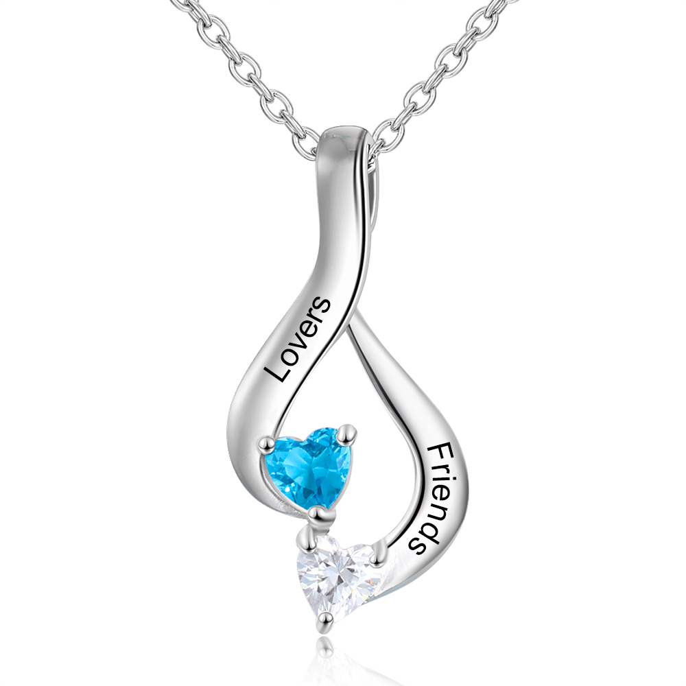 Personalised Necklace With 2 Heart Birthstones Engraved Names Gift For Her-Jessemade AU