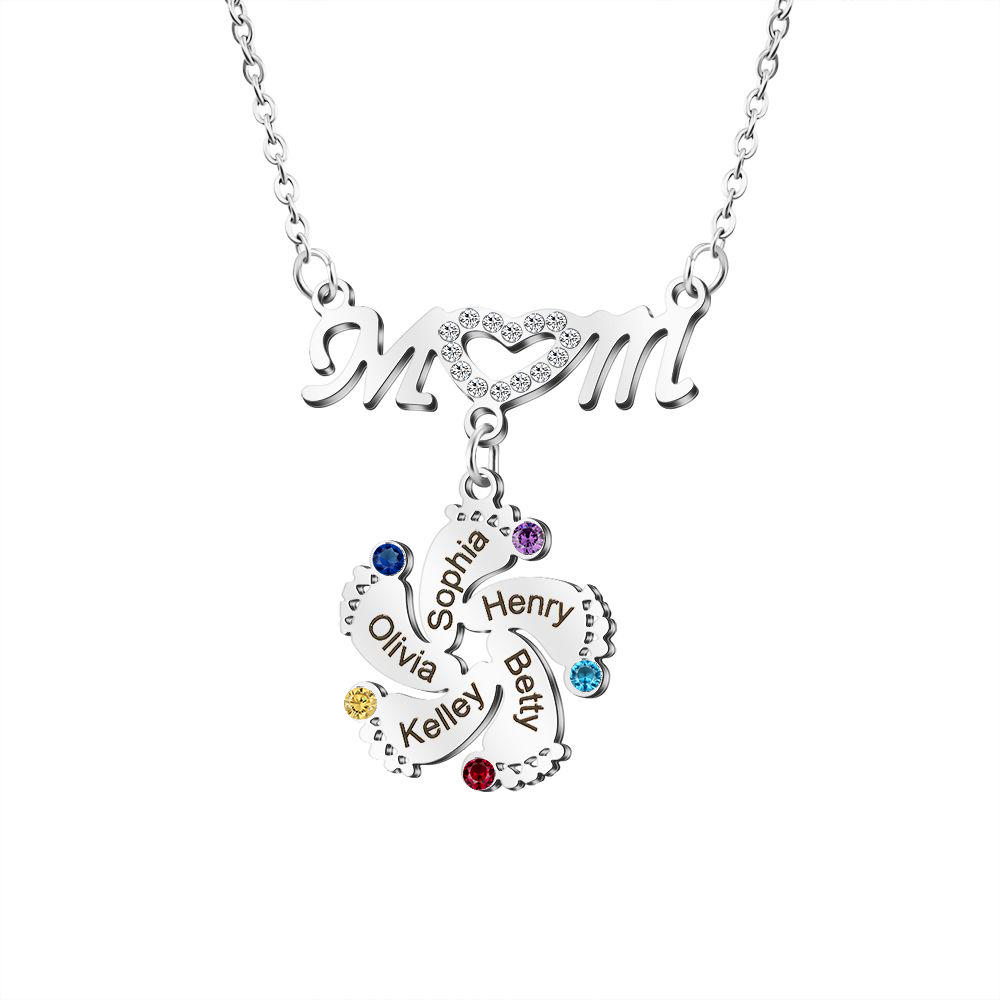 Mom Necklace Customised Baby Feet Necklace with Birthstones Engraving 5 Names Gifts for Her-Jessemade AU