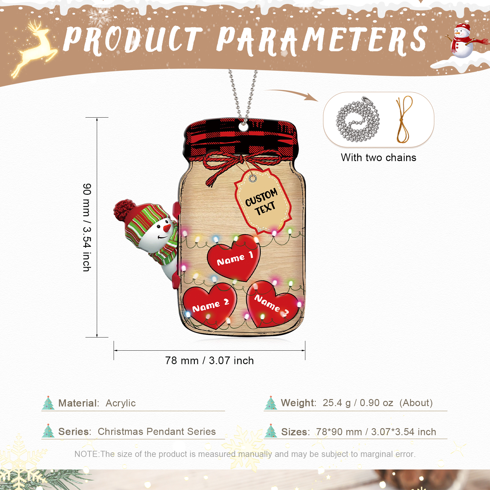 3 Names - Personalised Heart Christmas Ornament Customised Name & Text Acrylic Snowman Hanging Ornaments Jar Gift for Family-Jessemade AU