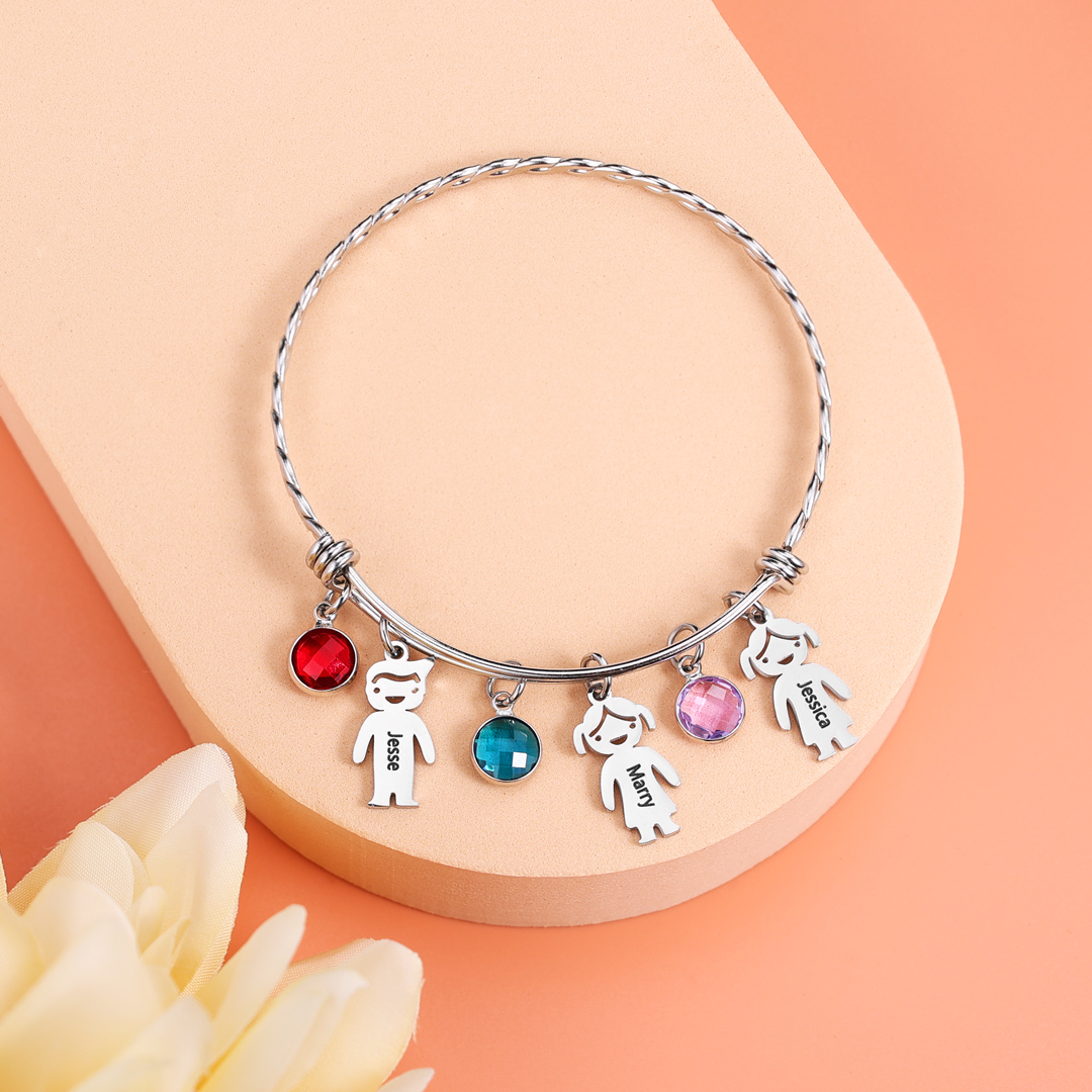 Mother's Day Personalised Kid Charms Bangle Bracelet With Names Customised 2 Birthstones Gift For Women-Jessemade AU