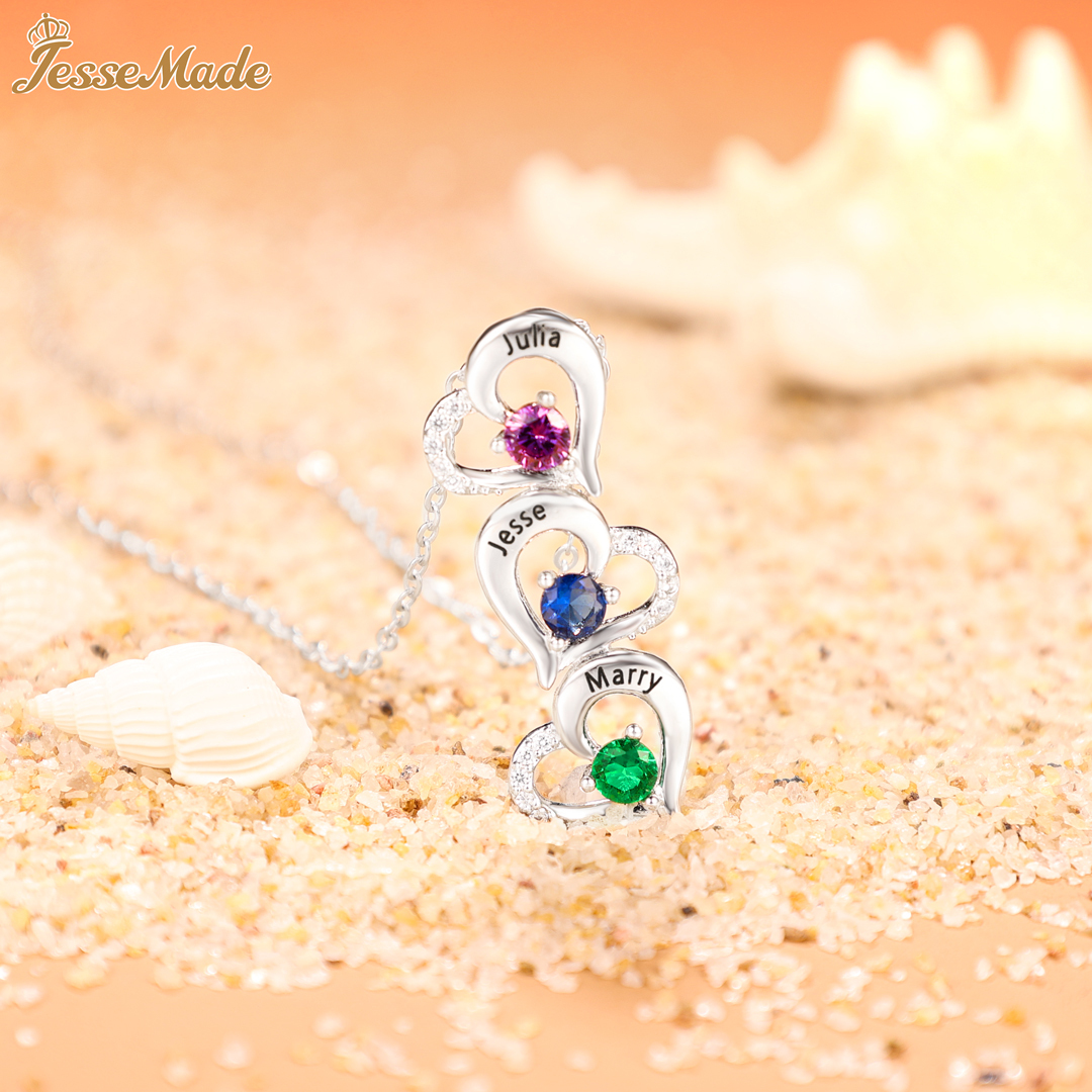 Personalised Heart Necklace With 2 Birthstones Engraved Names Gift For Her-Jessemade AU