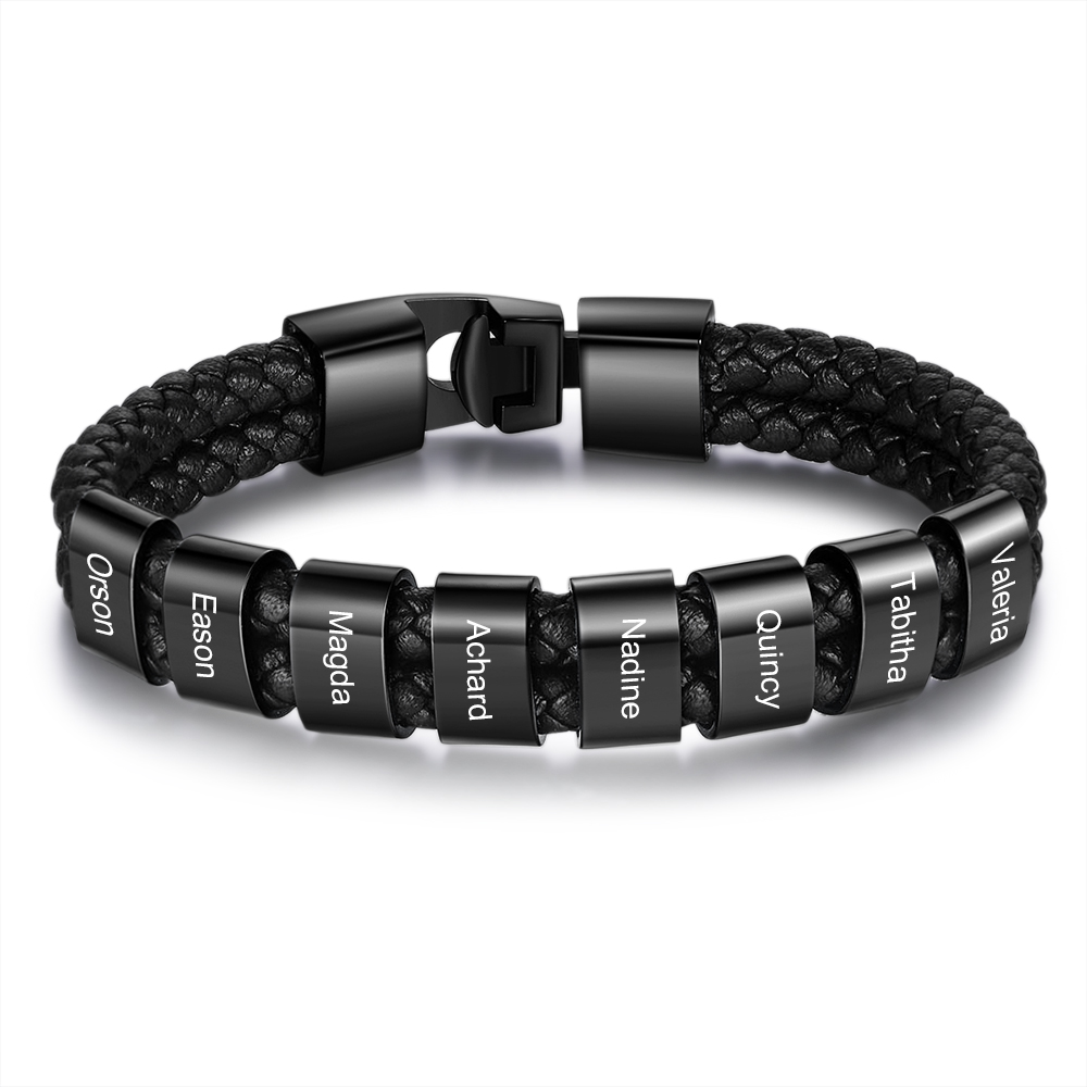 Customised Braided Leather Bracelet Engraved 8 Names Men's Bracelet Gifts For Him