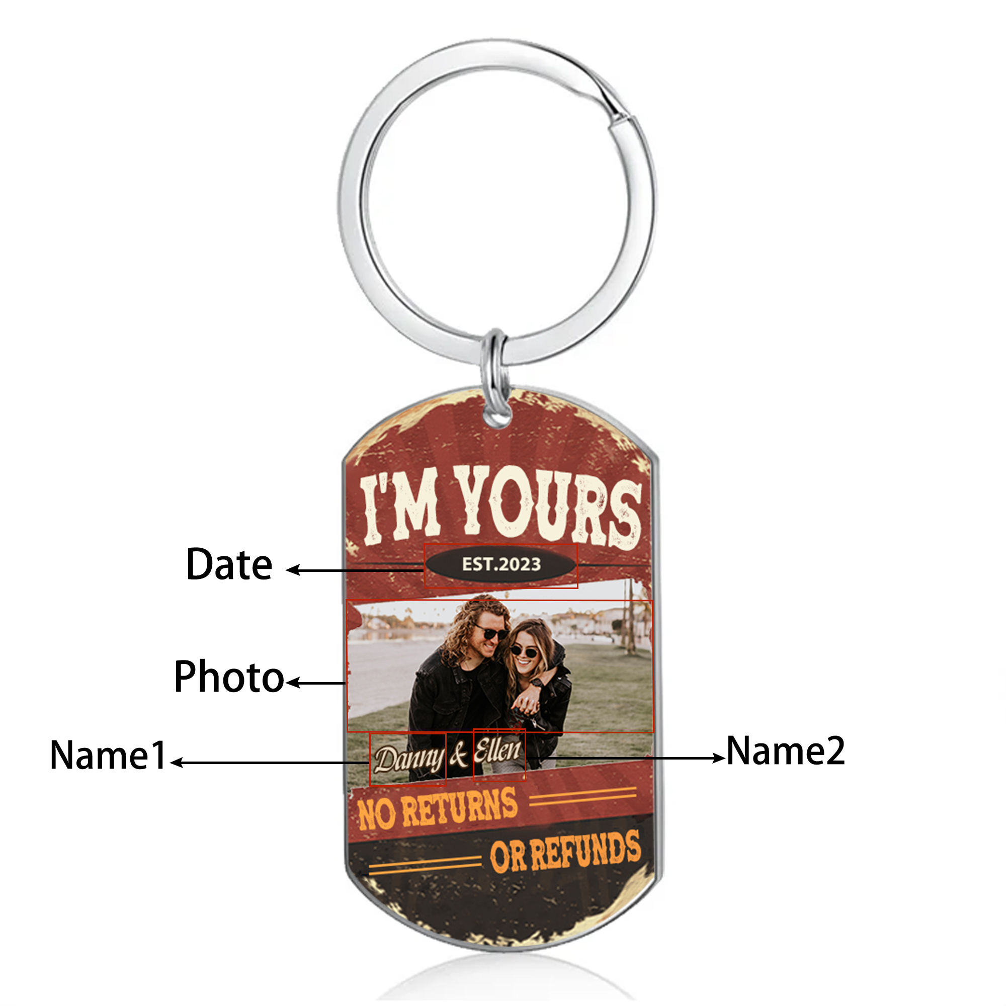 Personalised Couple Photo Keychain Custom 2 Names & Date Keyring “I'm Yours No Returns Or Refunds” Valentine's Day Gift For Couples-Jessemade AU