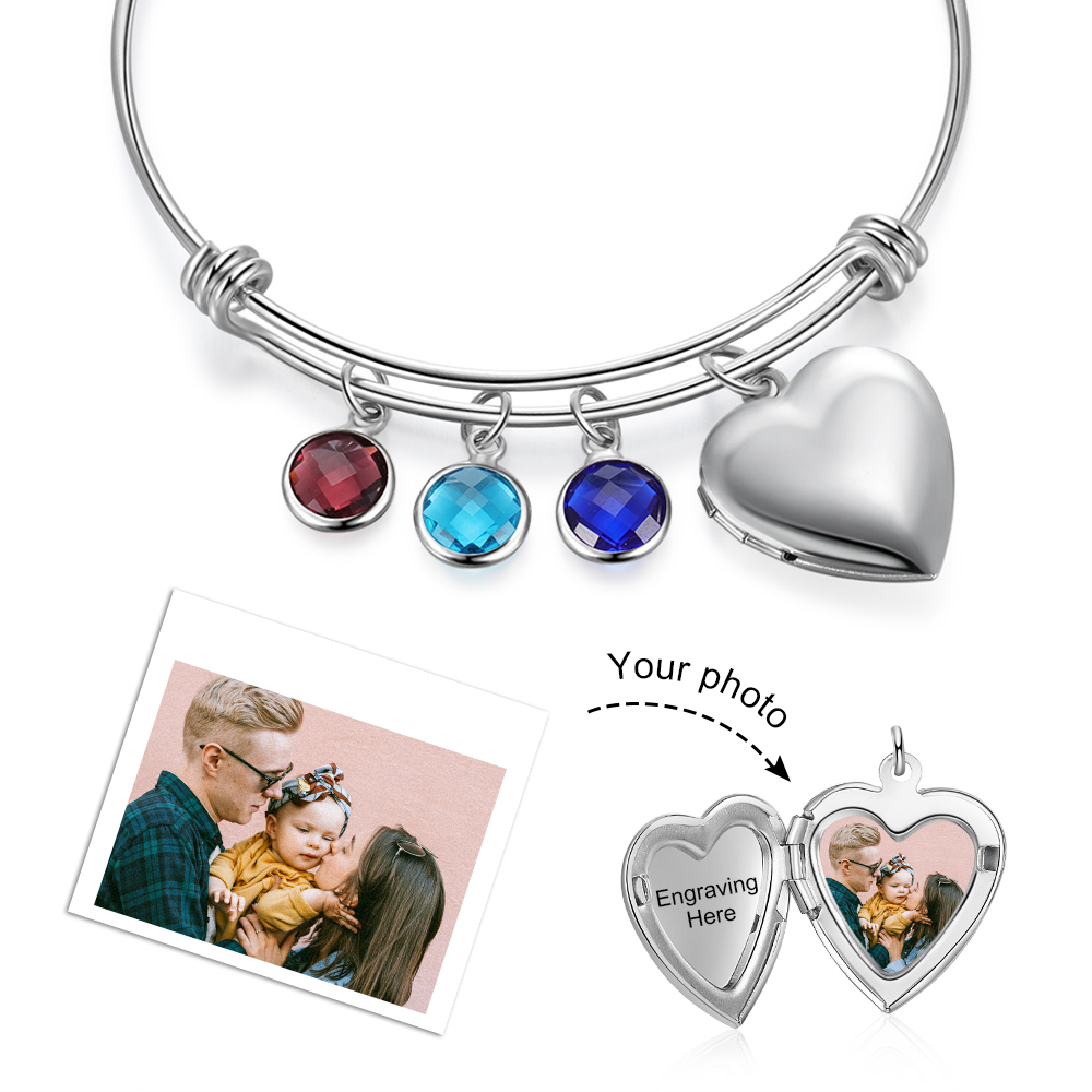 Personalised Heart Photo Locket Bracelet With Birthstones Custom Photo Bracelet Gifts For Her-Jessemade AU