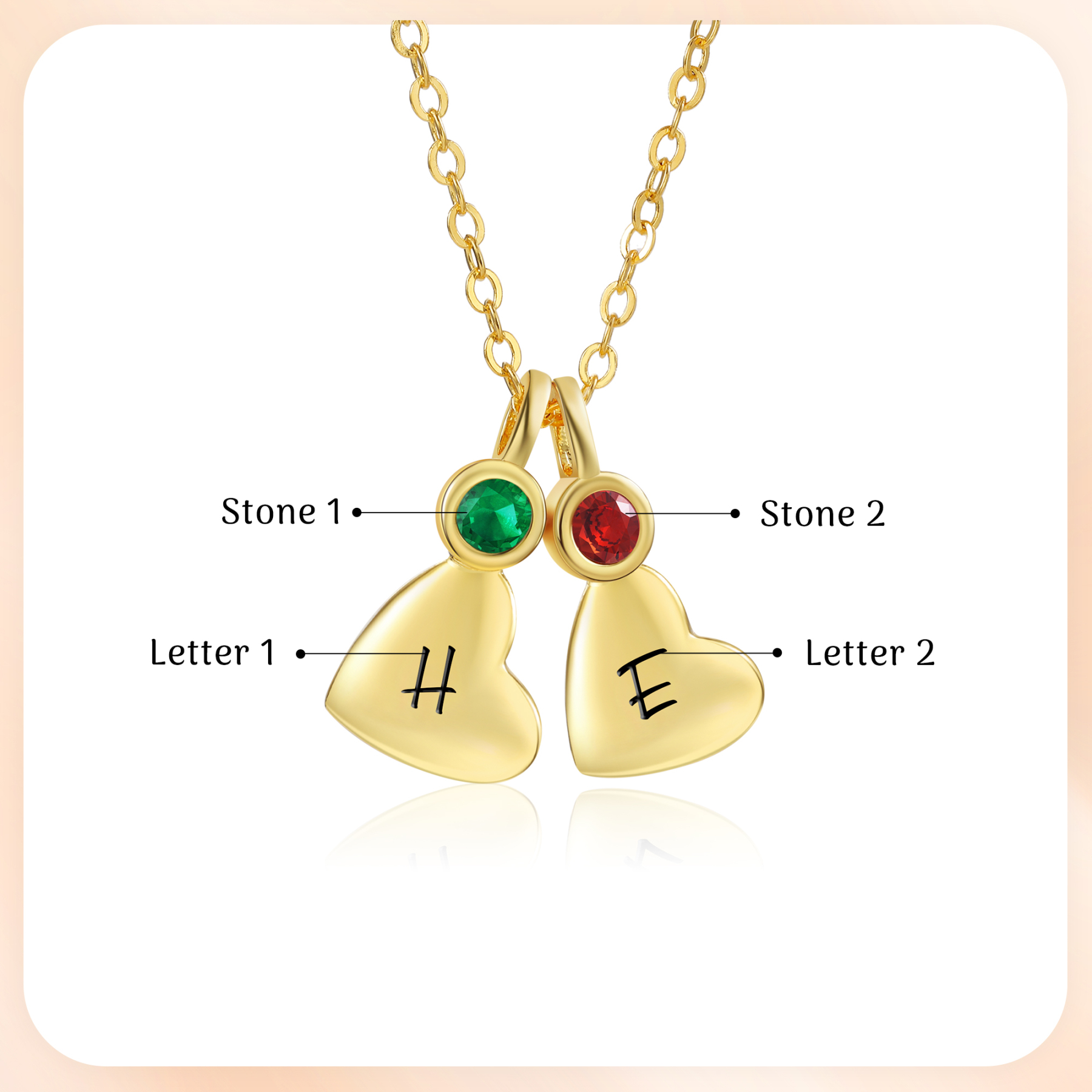 Personalised Heart Pendant Necklace Custom 2 Letters & 2 Birthstones Necklace Gifts for Her-Jessemade AU