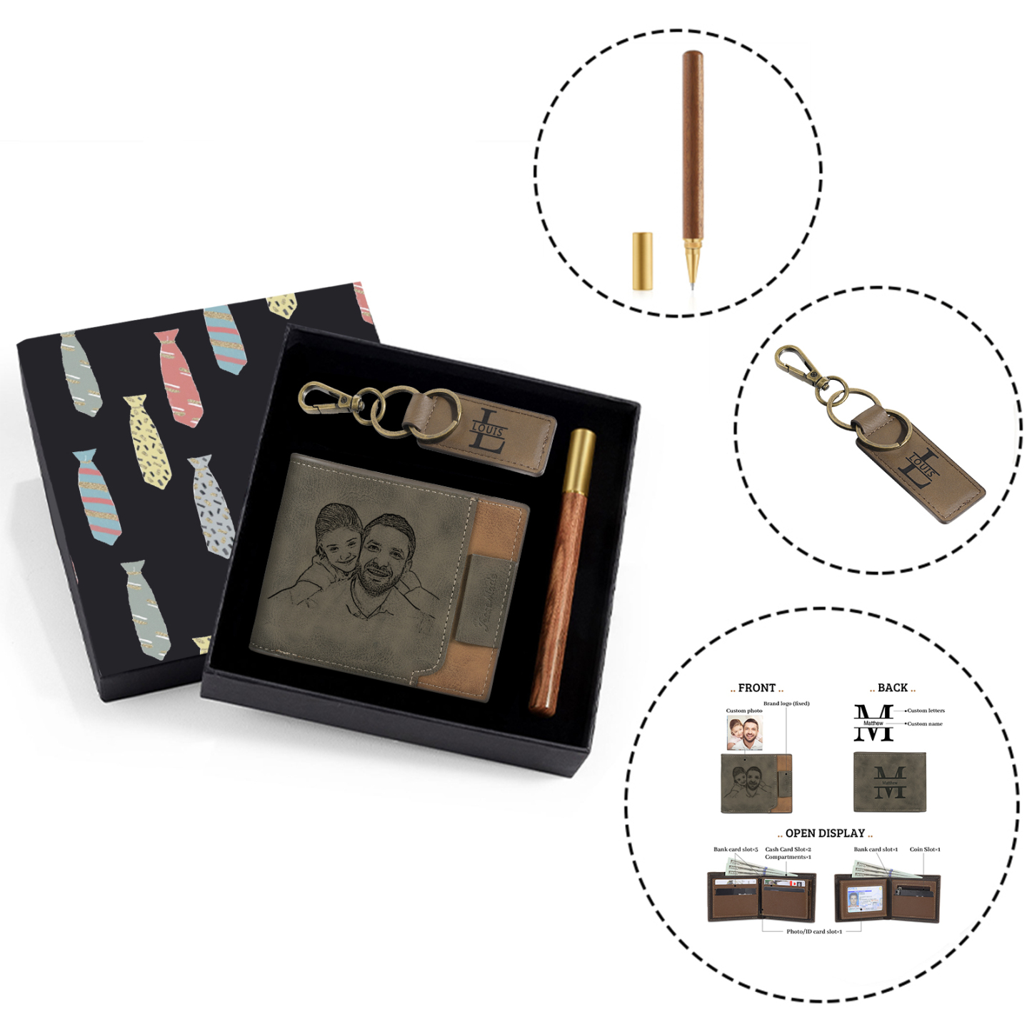 Personalised 1 Photo & 2 Names & 2 Letters Gift Set Custom Wallet & Keychain & Pen Gift Box Set Father’s Day Gift for Him-Jessemade AU