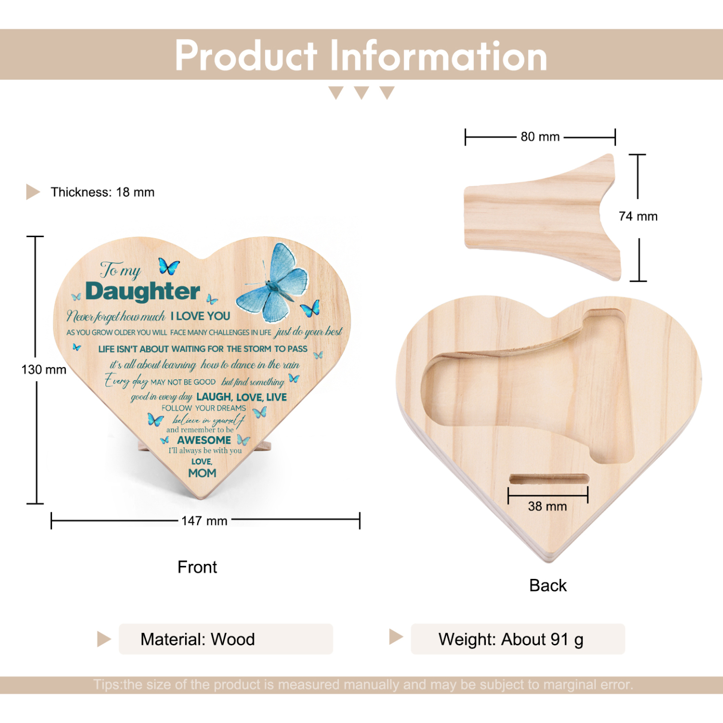 To My Daughter Wooden Heart Keepsake Desktop Ornament-Never Forget That How Much I Love You-Jessemade AU