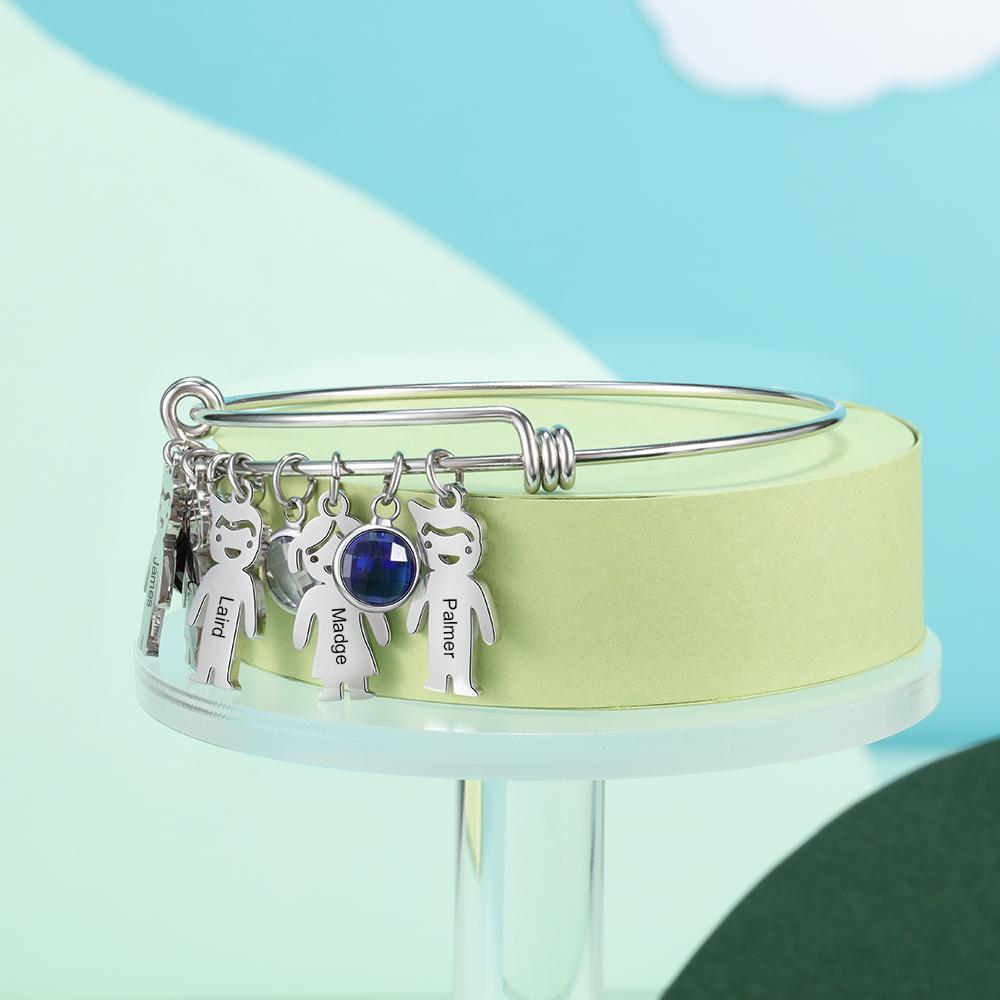 Women Bangle Bracelet with Kids Charms 5 Birthstones Engraved 5 Names Rose Box Set-Jessemade AU