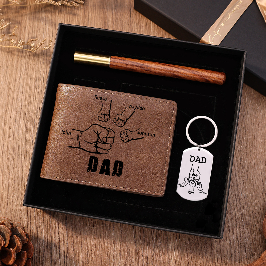 Personalised 7 Names Fist Bump Gift Set Custom Wallet & Keychain & Pen Gift Box Set Father’s Day Gift