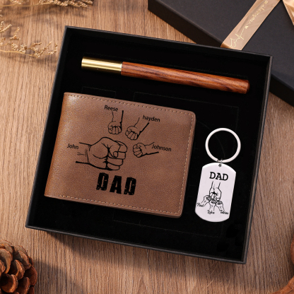 Personalised 7 Names Fist Bump Gift Set Custom Wallet & Keychain & Pen Gift Box Set Father’s Day Gift-Jessemade AU