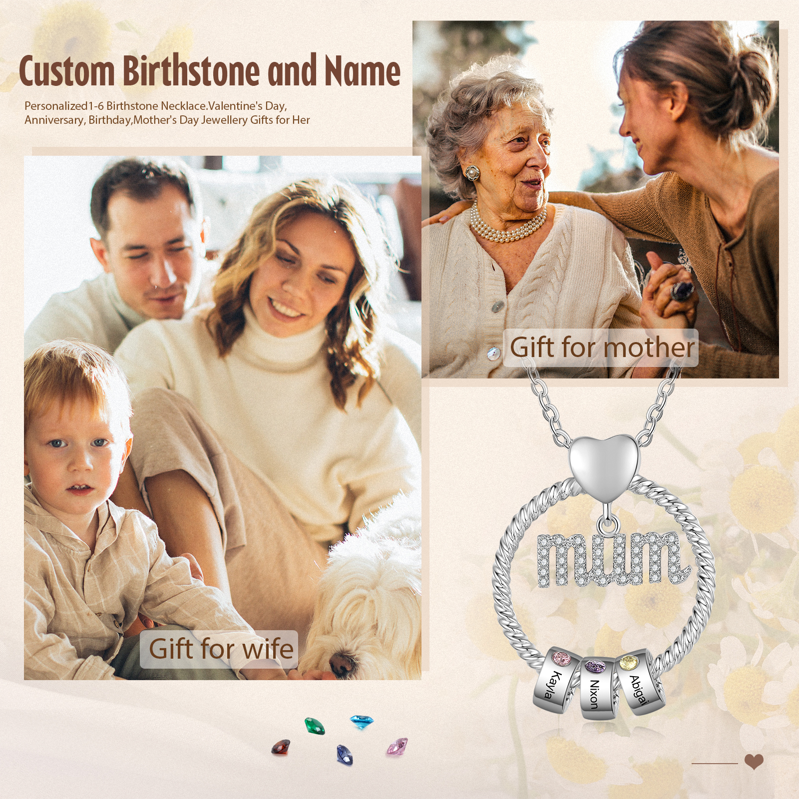 Personalised Circle Necklace With 3 Birthstones Pendant Engraved Names Gift For Mum-Jessemade AU