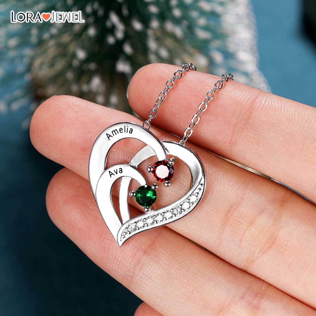 Personalised Mother Necklace Engraved 3 Names 3 Birthstone Intertwined Heart Pendant