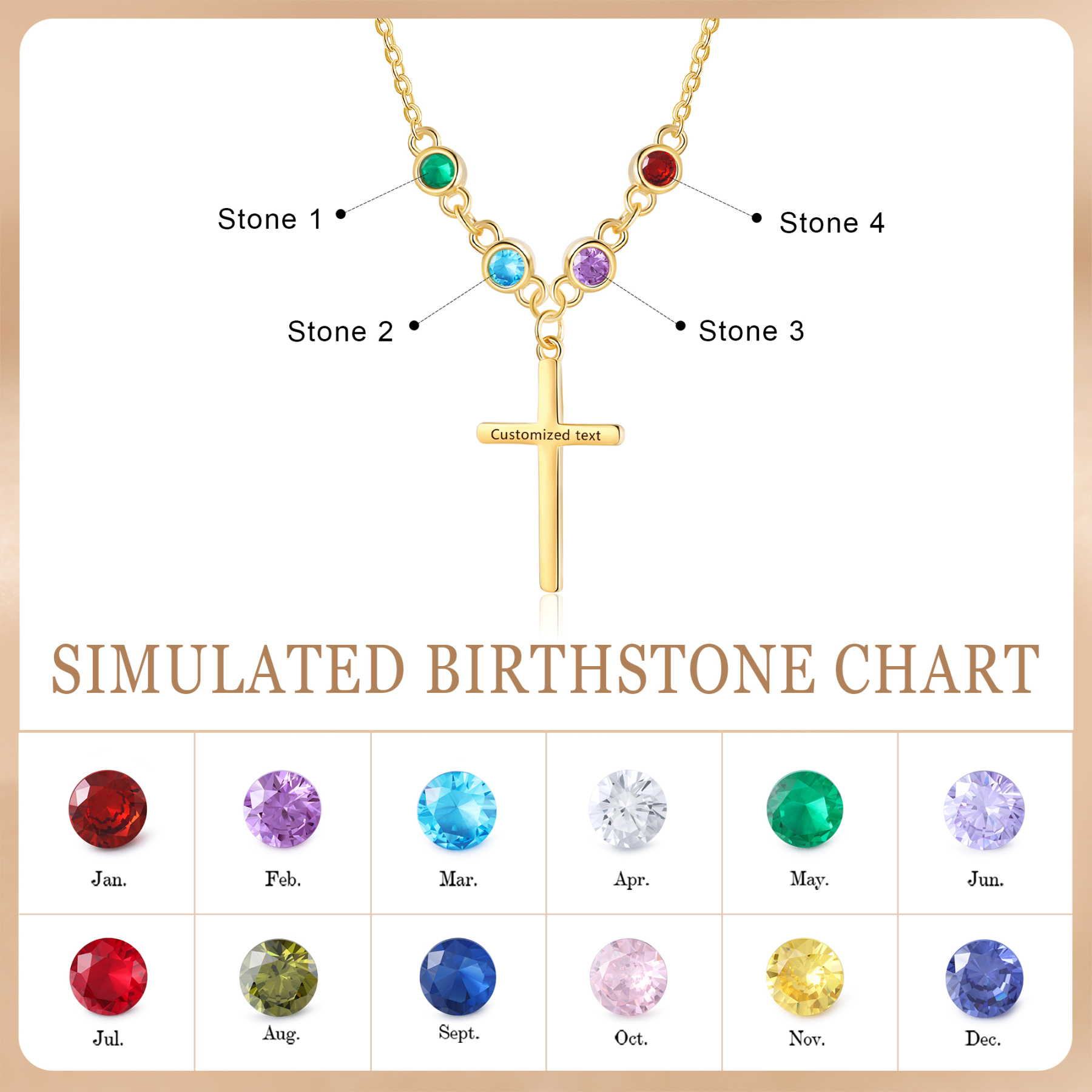 Personalised Cross Pendant Necklace Custom 4 Birthstones & 1 Text Necklace Birthday Gift for Her-Jessemade AU