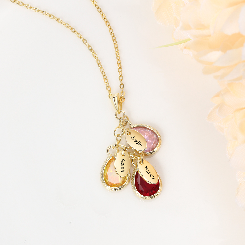 Personalised Leaf Necklace With 3 Birthstones Engraved Names Gift For Mother-Jessemade AU