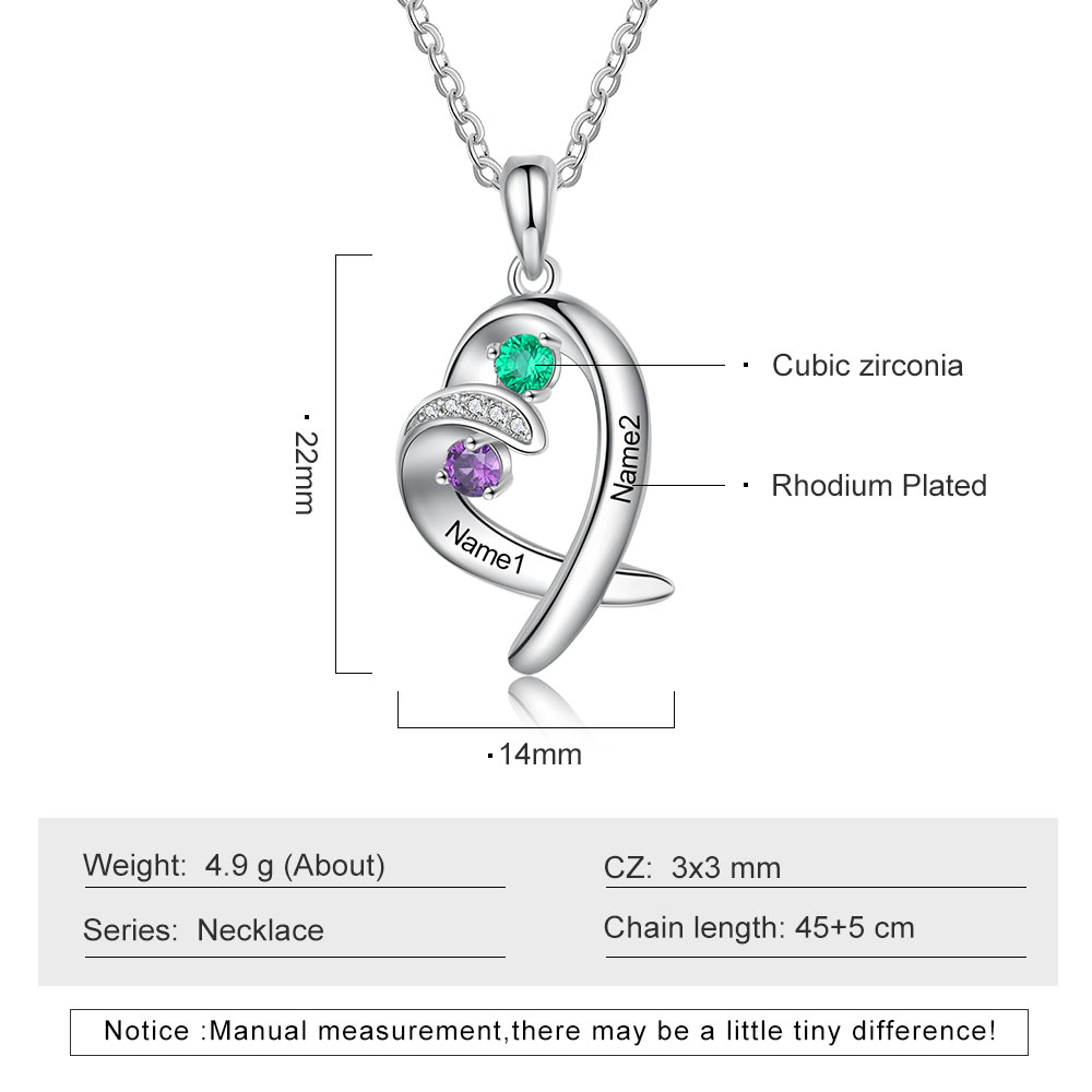 Personalised Heart Necklace With 2 Birthstones Engraved Names Gift For Her-Jessemade AU