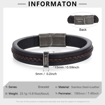 1 Name - Personalised Men's Leather Bracelet Custom Text Beaded Bracelets Vintage Gift for Him-Jessemade AU