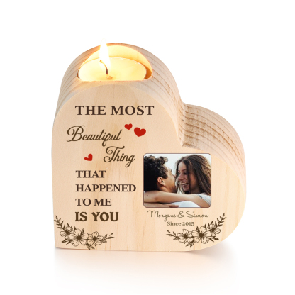 Couple Photo Candle Holder Custom 2 Names & Date Wooden Candlesticks - The Most Beautiful Thing That Happened To Me Is You-Jessemade AU