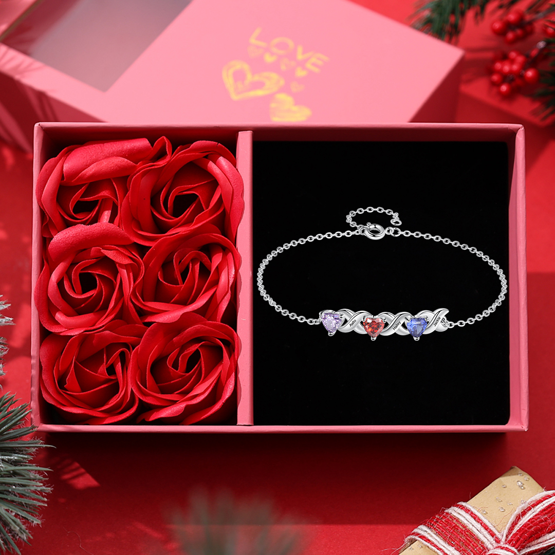 Custom Heart Birthstone Jewelry Set Necklace Bracelet for Family Personalised with 2 Names 2 Birthstones