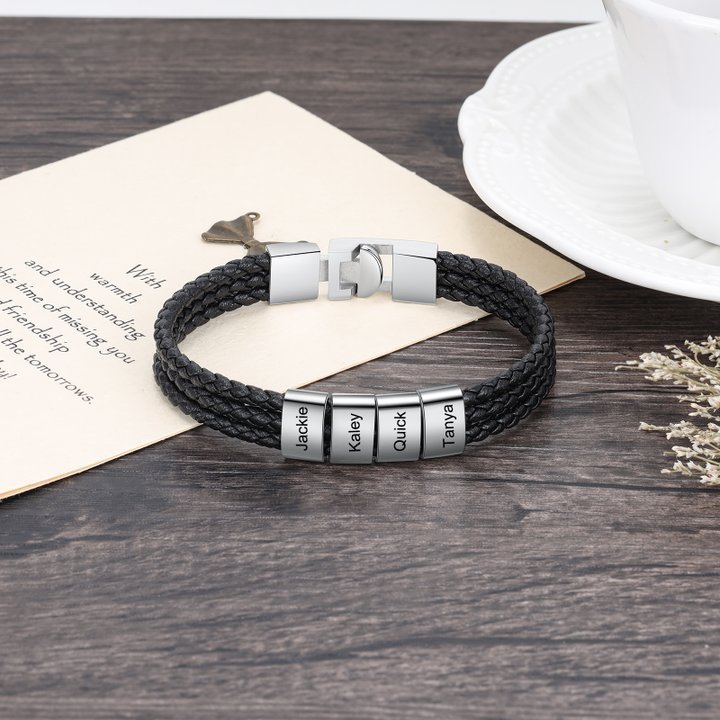 Personalised Braided Leather Bracelet Engraved 4 Names Men's Bracelet Gifts For Him-Jessemade AU