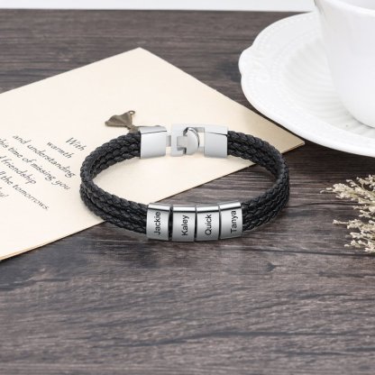 Personalised Braided Leather Bracelet Engraved 4 Names Men's Bracelet Gifts For Him-Jessemade AU