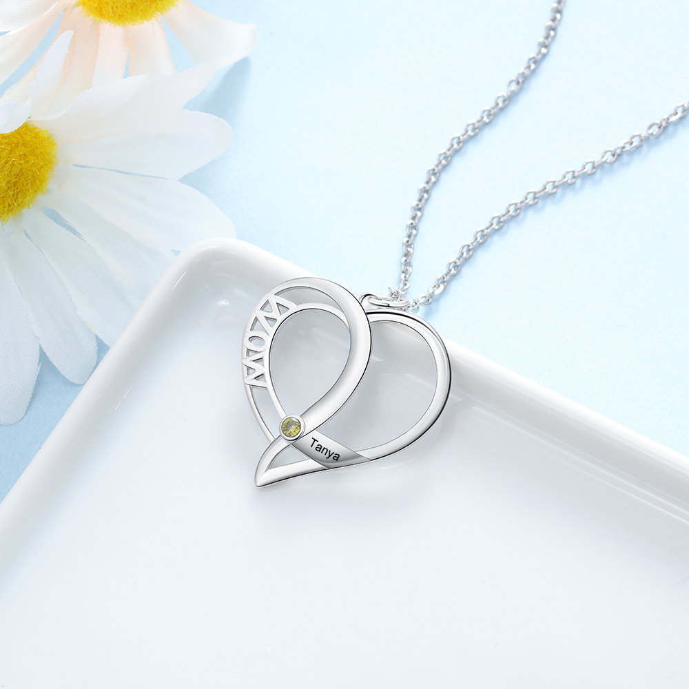 Personalised Heart Necklace With 1 Birthstone Engraved Names Gift For Mother-Jessemade AU