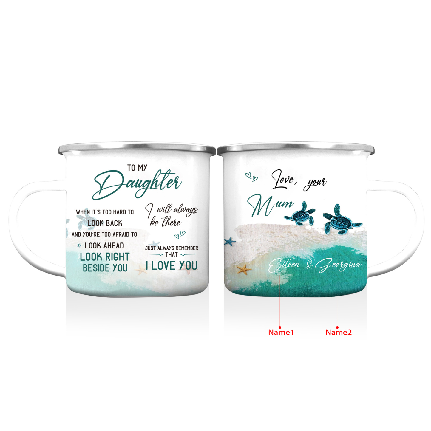 To My Daughter Sea Turtle Enamel Mug Customised 2 Names Cup Mum to Daughter Personalised Gift - Just Always Remember That I Love You-Jessemade AU