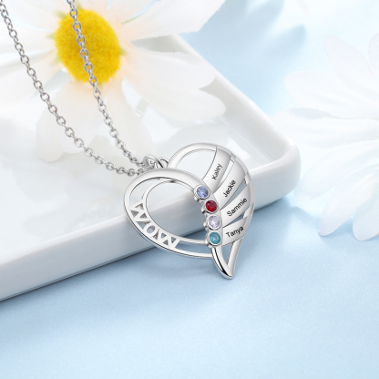 Personalised Heart Necklace With 4 Birthstones Engraved Names Gift For Mother-Jessemade AU