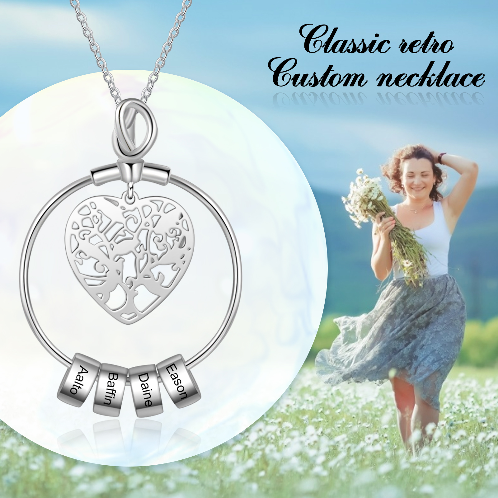 Customised Family Tree Necklace with 4 Beads Engraved 4 Names Heart Necklace Gifts For Her-Jessemade AU