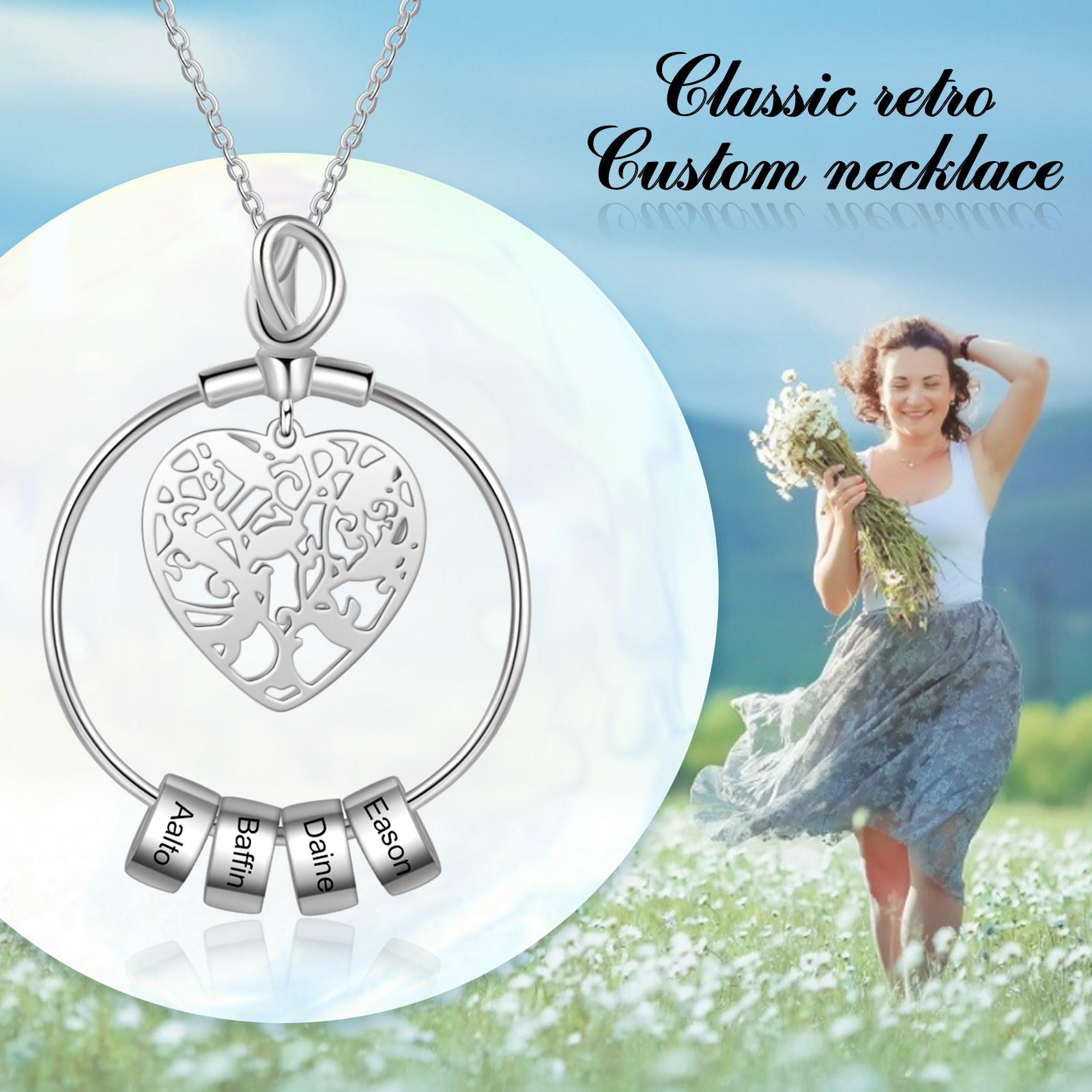 Customised Family Tree Necklace with 4 Beads Engraved 4 Names Heart Necklace Gifts For Her-Jessemade AU