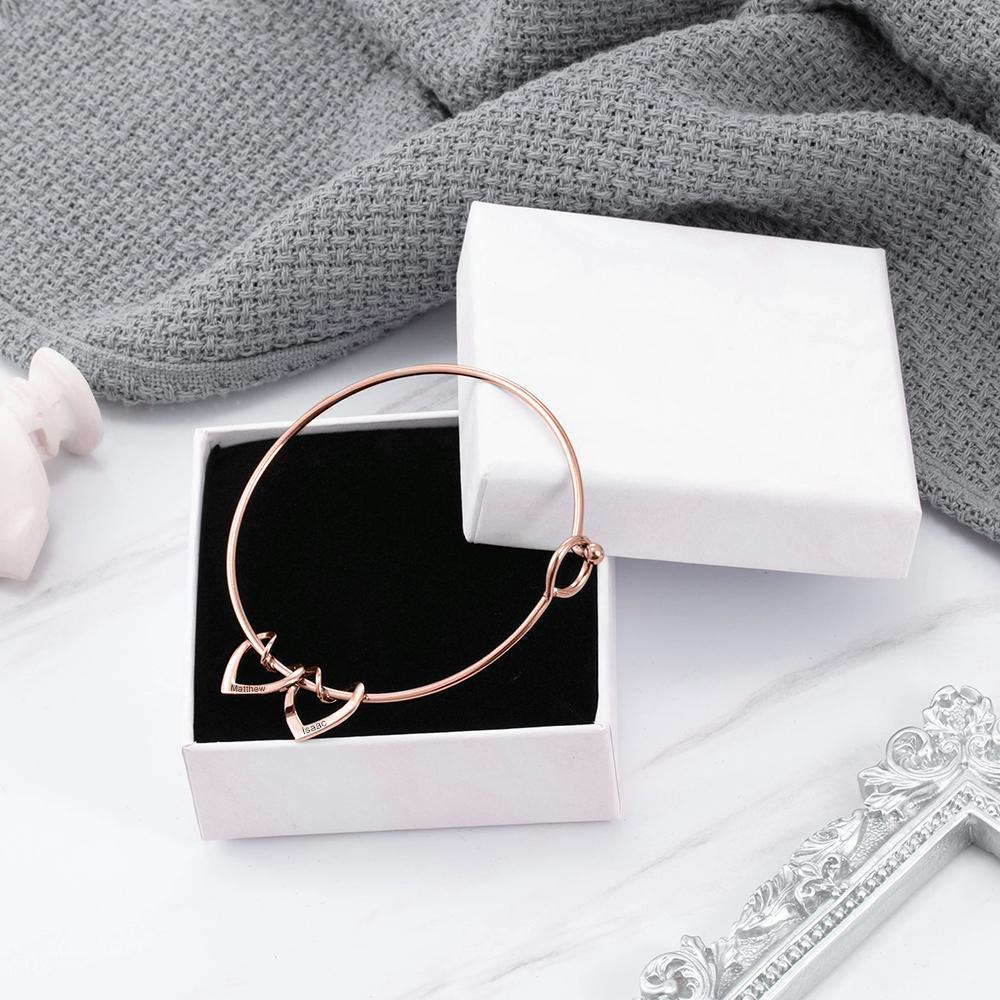 Personalised Love Bracelet with 2 Heart Charms Engraved Name Bangle Bracelet-Jessemade AU
