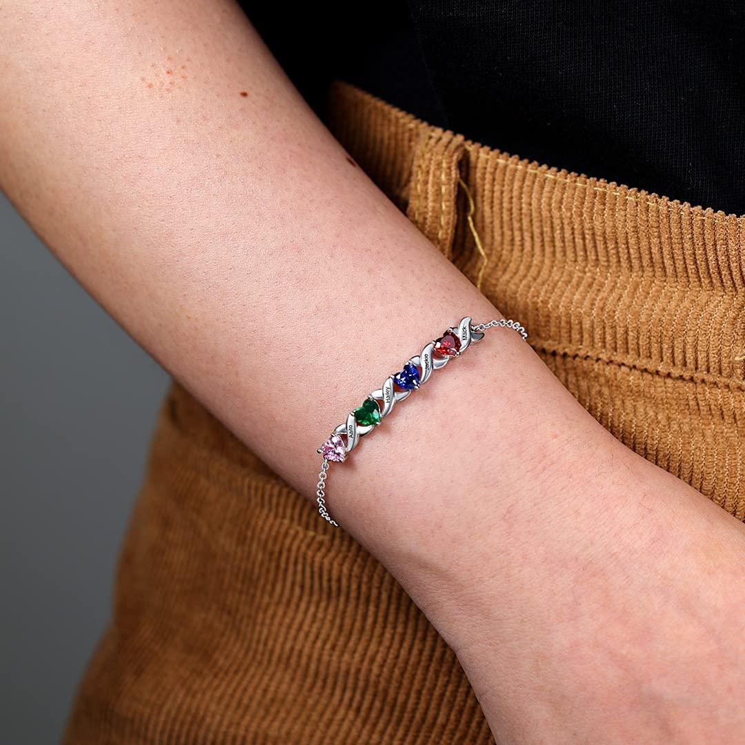 Personalised Bracelet With 2 Heart Birthstones Engraved Names Bracelet Gift For Women-Jessemade AU