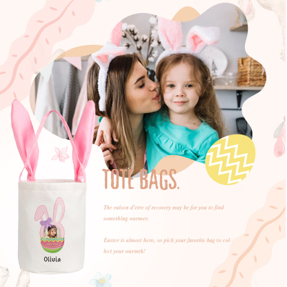 Bunny Tote Bag Personalised Photo Bucket Bag Custom Name & Text Bunny Basket Easter Gifts-Jessemade AU