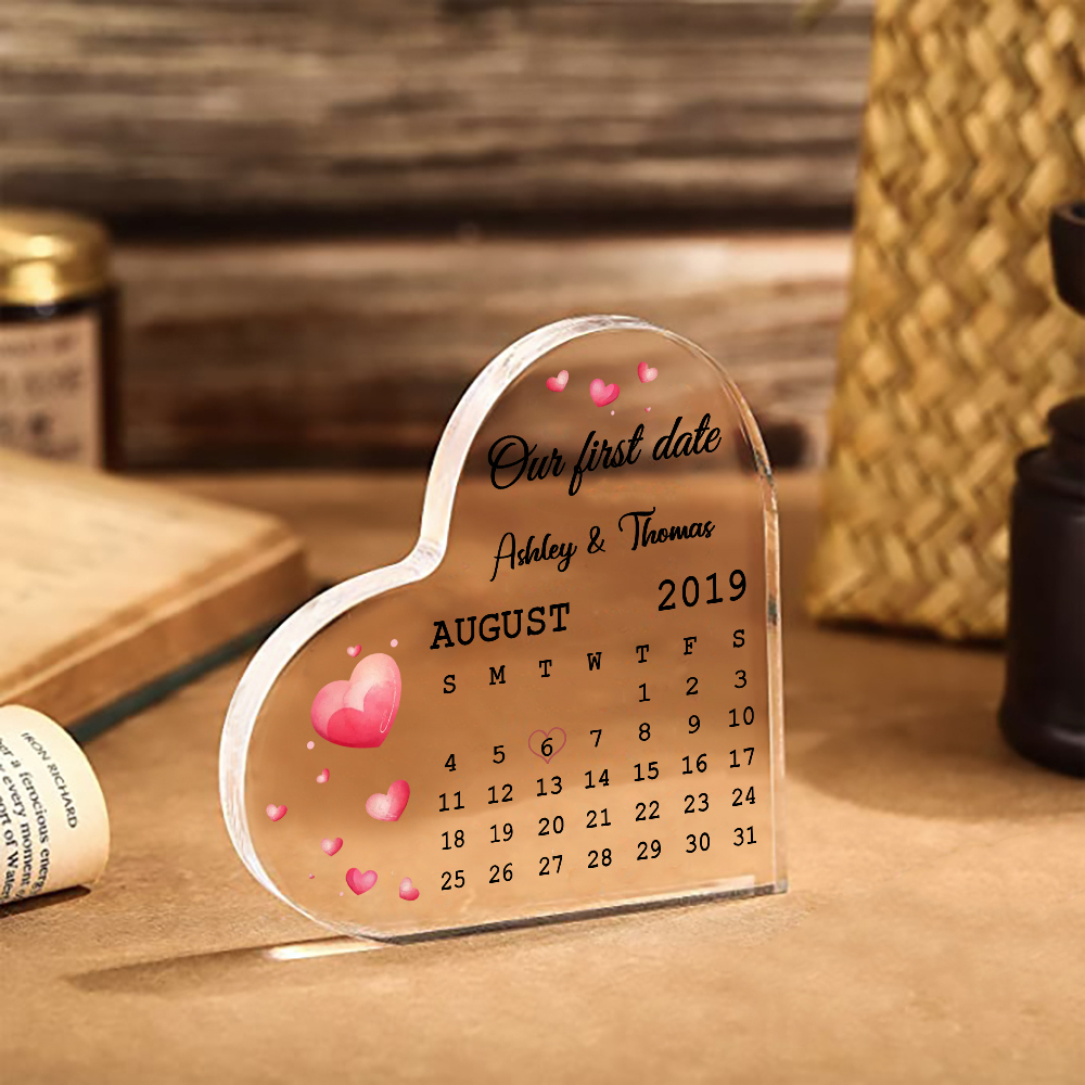 Couple Acrylic Heart Keepsake Custom 2 Names & Date & Text Calendar Ornament Valentine's Day Gift - Our First Date-Jessemade AU
