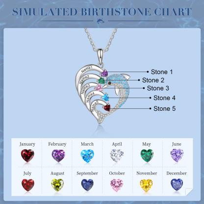 Personalised Heart Dolphin Necklace With 5 Birthstones Engraved Names Gift For Mum-Jessemade AU