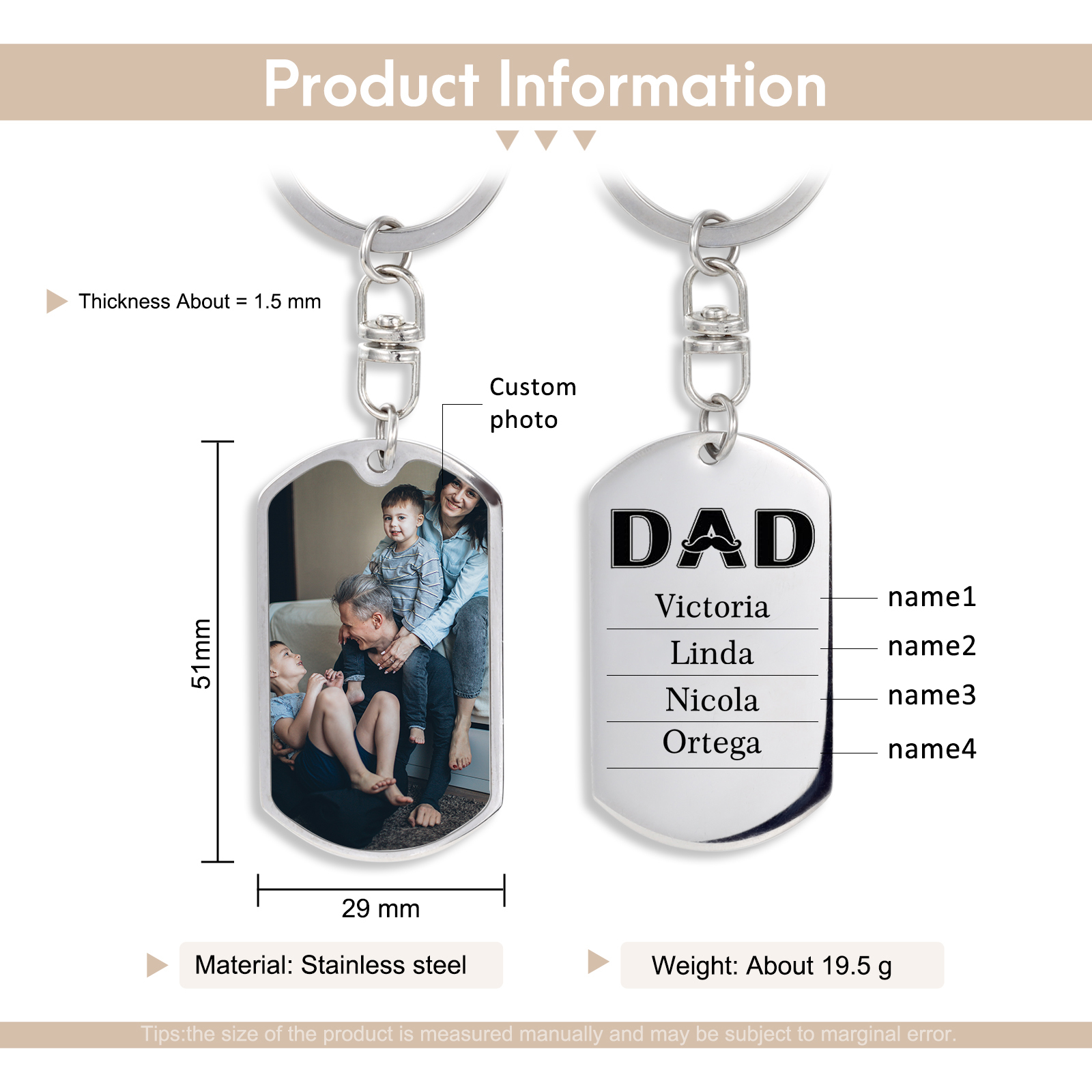 Personalised Photo Keychain Dad Keyring Engrave 4 Names Father's Day Gifts-Jessemade AU