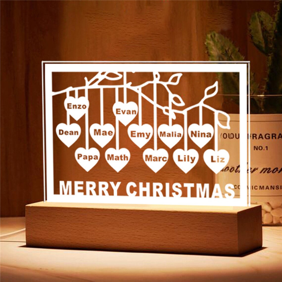 Personalised Family Tree Night Light LED Sign Engraved 12 Names Plaque USB Power Lamp-Jessemade AU