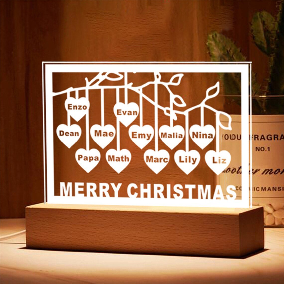 Personalised Family Tree Night Light LED Sign Engraved 12 Names Plaque USB Power Lamp-Jessemade AU