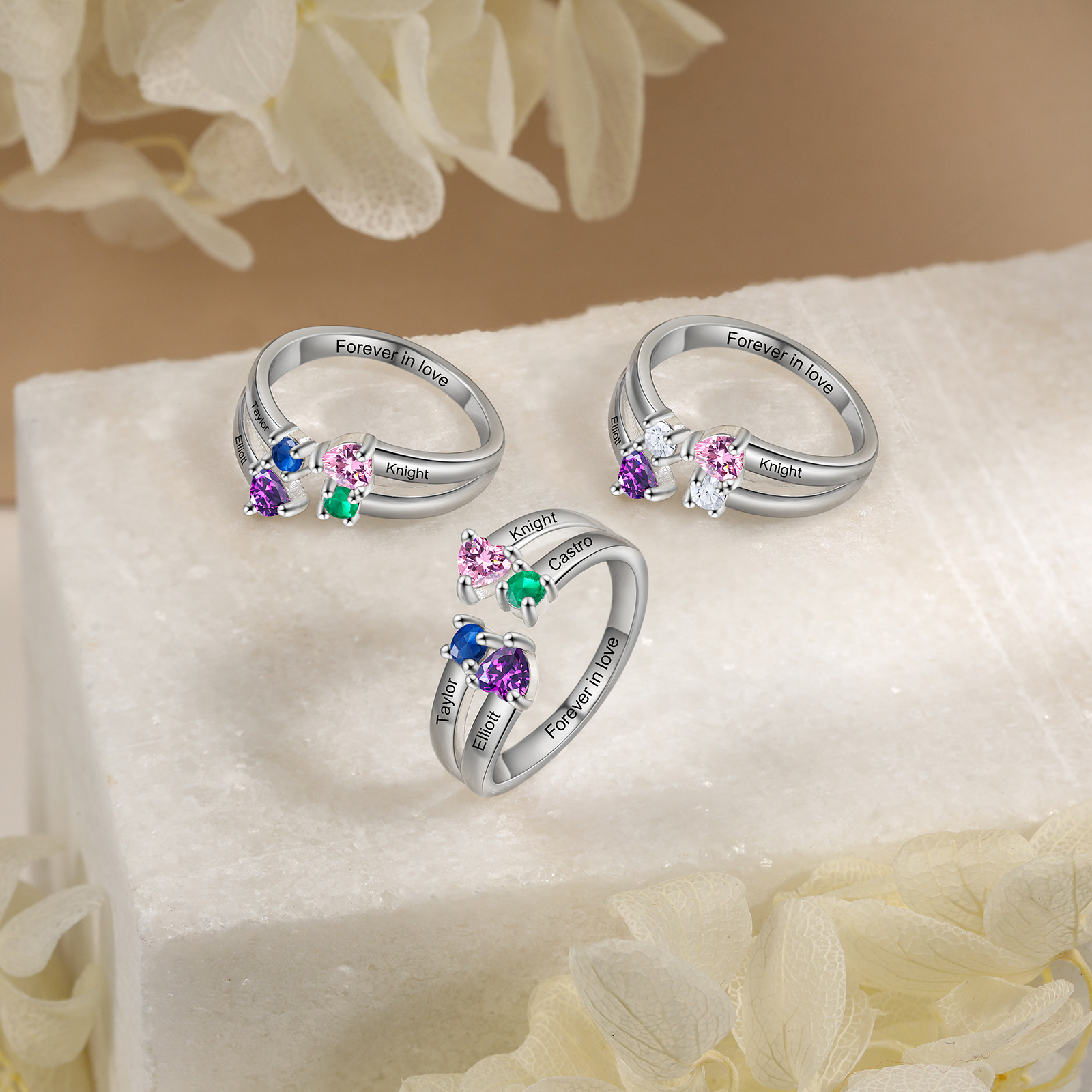 4 Names - Personalised Birthstones Ring Customised Name Open Ring Gift for Her-Jessemade AU