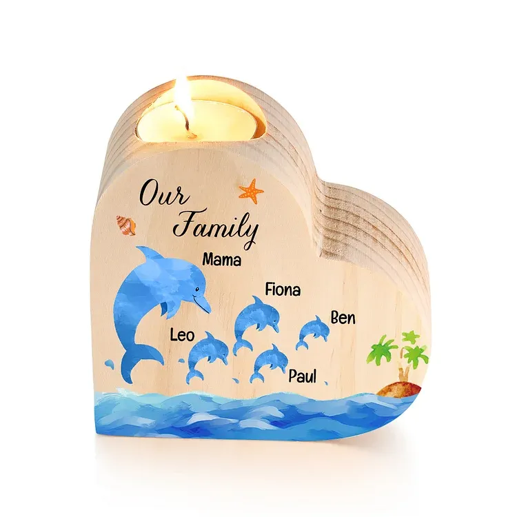 Family Dolphin Heart Candle Holder Personalised Wooden Candlestick Custom 5 Names-Jessemade AU
