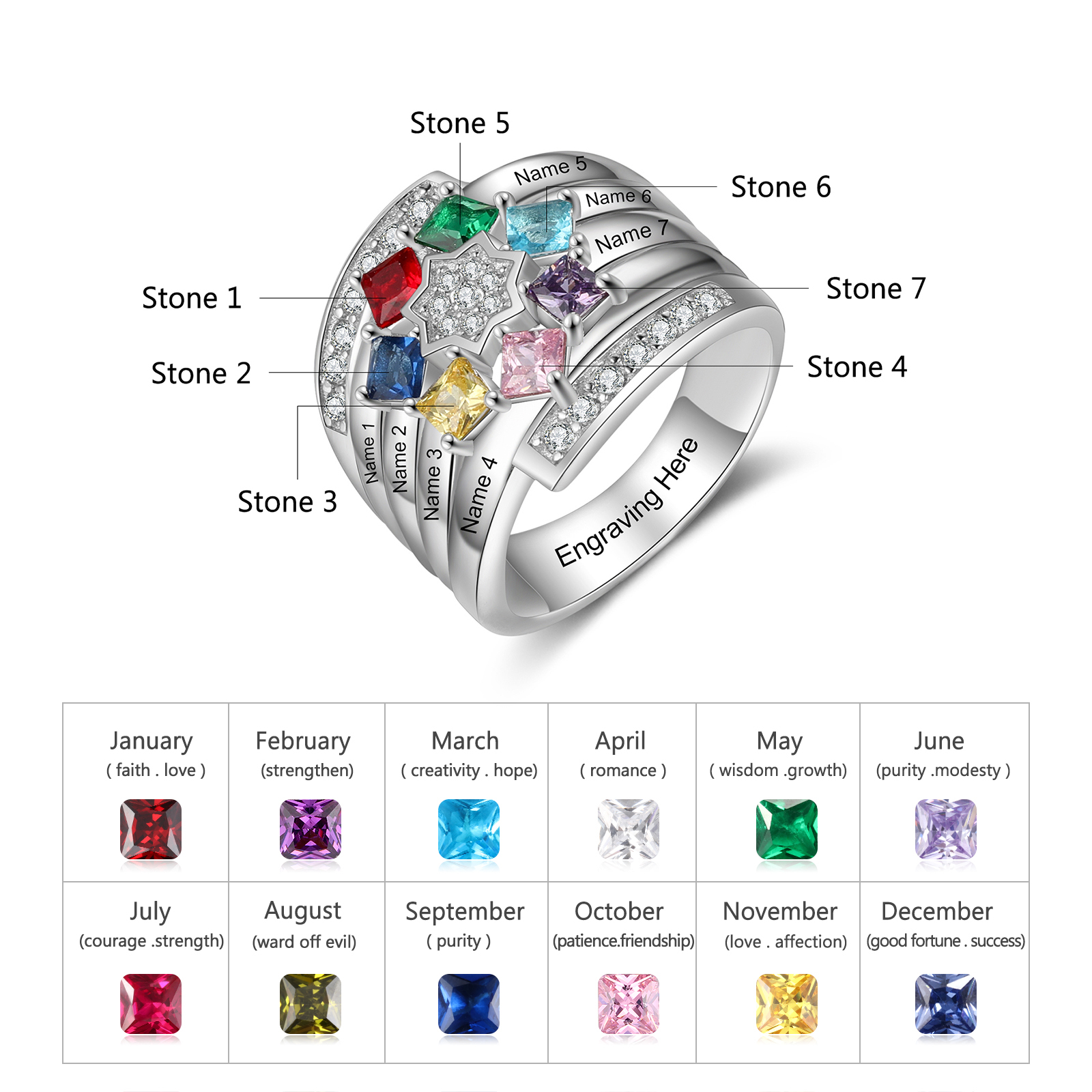 Personalised Mothers Ring With 7 Birthstones Engraved Names Ring Gift For Women-Jessemade AU