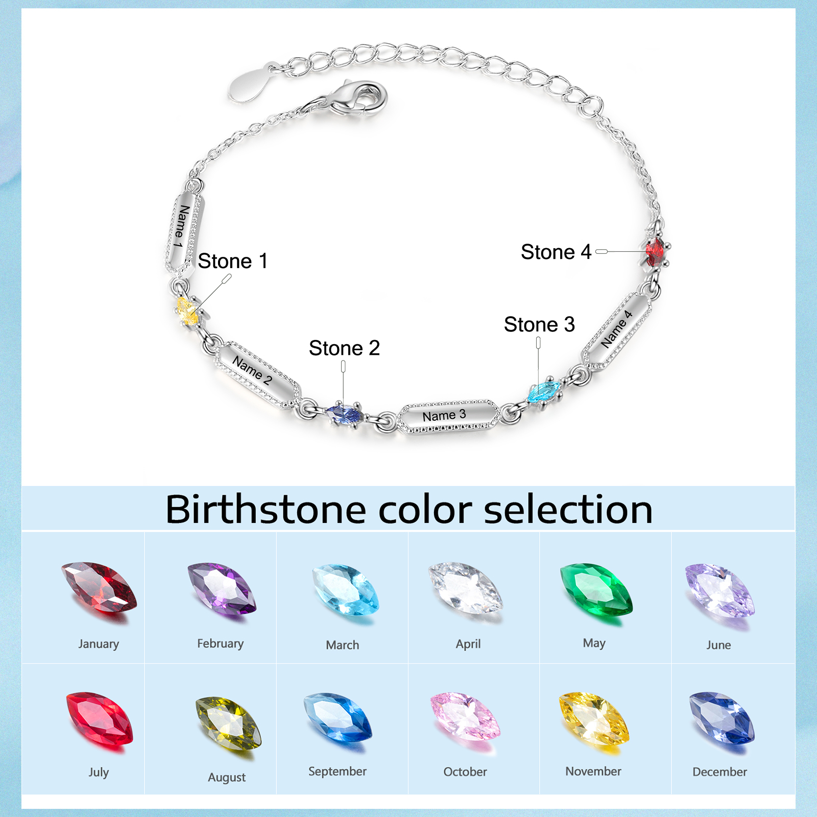 Custom Birthstone Bracelet with 4 Names Personalised Family Bracelet-Jessemade AU