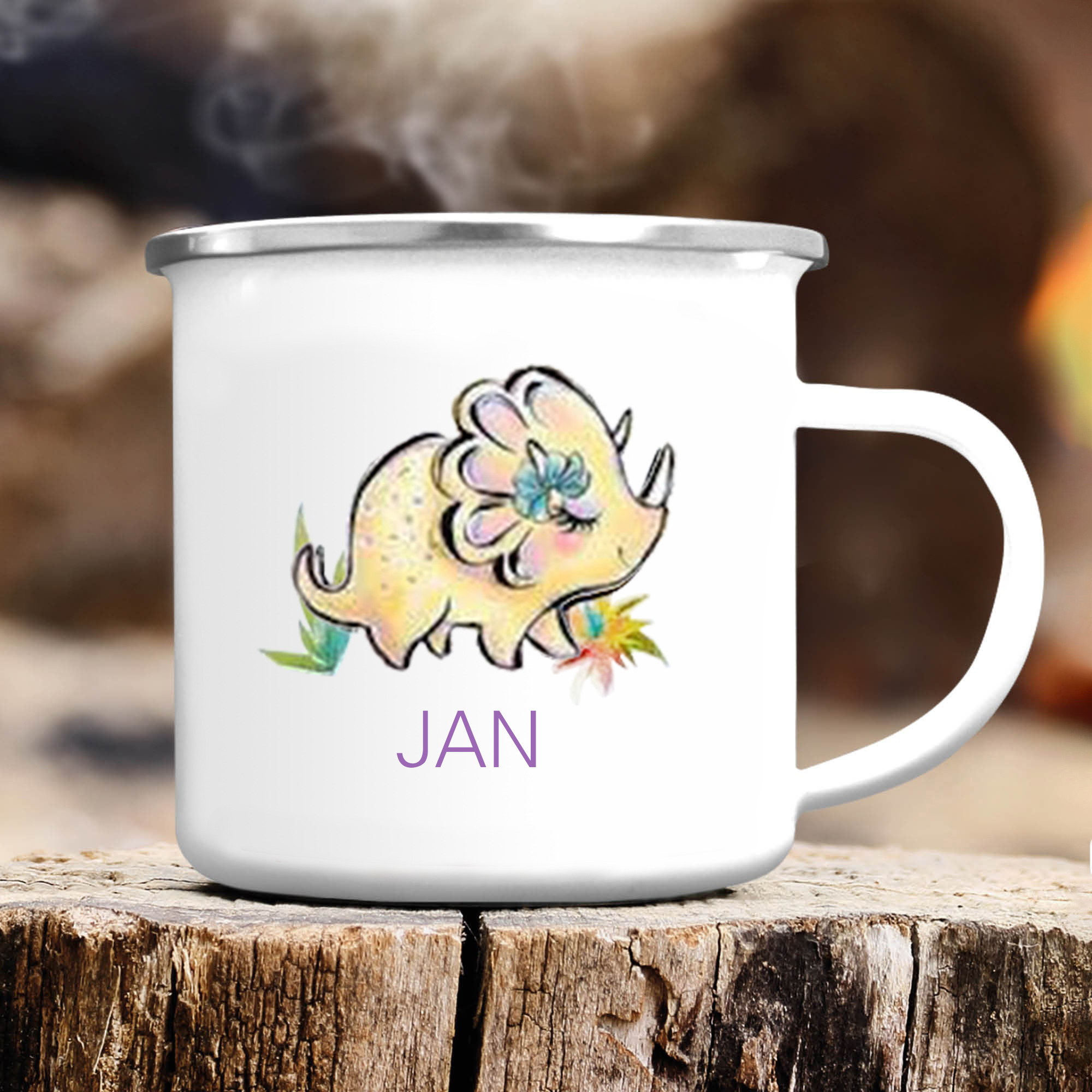 Personalised Enamel Mug Customised Name Dinosaur Cup Camping Mug Birthday Gift for Kids - Triceratops-Jessemade AU