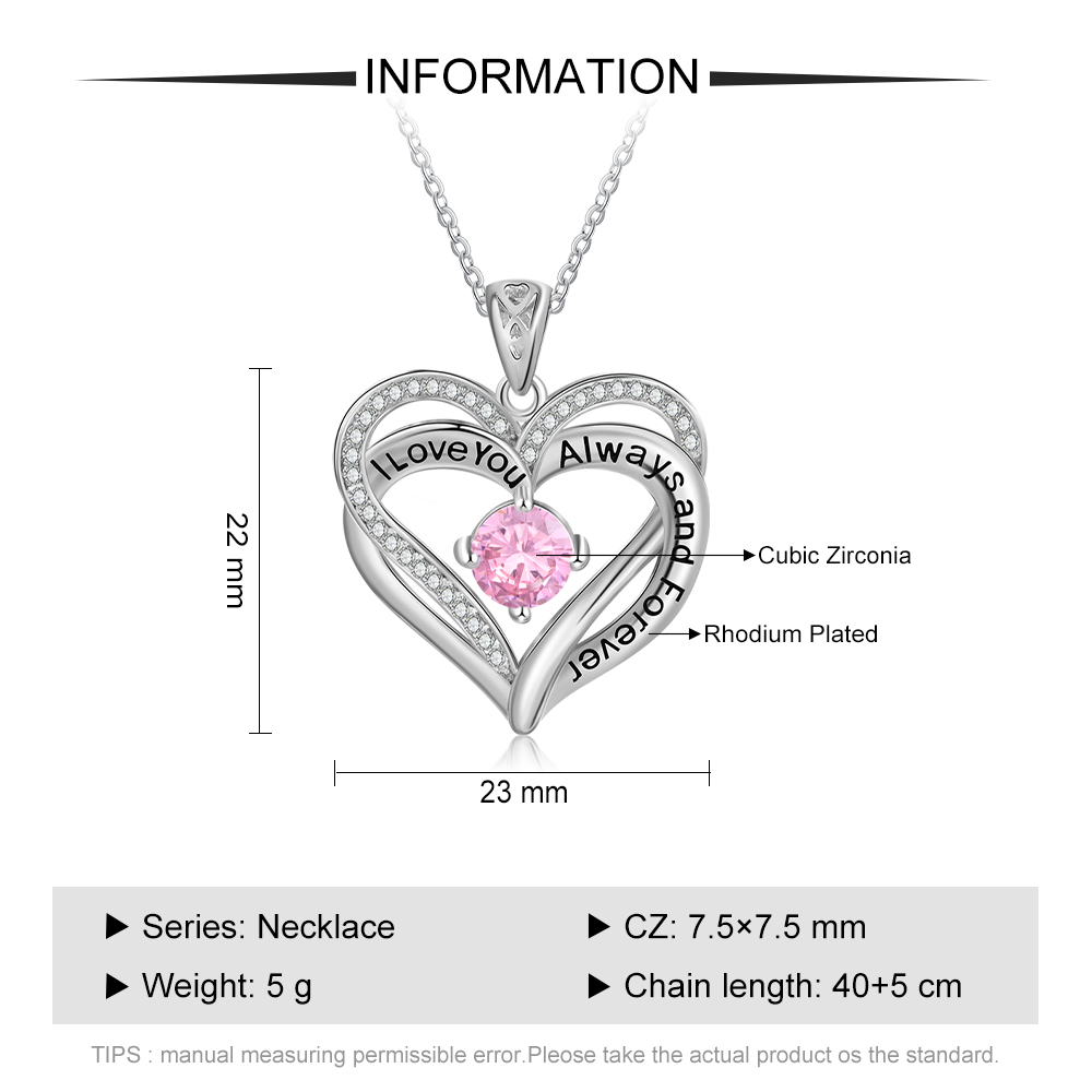 Personalised Heart Necklace with 1 Birthstone Engraved Names Gift For Women-Jessemade AU