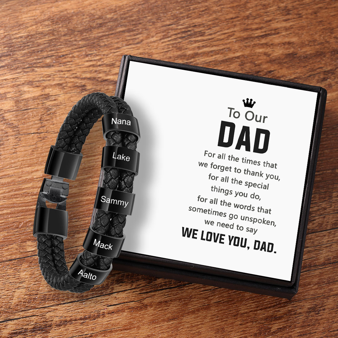 Personalised Braided Leather Bracelet Engraved 5 Names Men's Bracelet for Dad-Jessemade AU